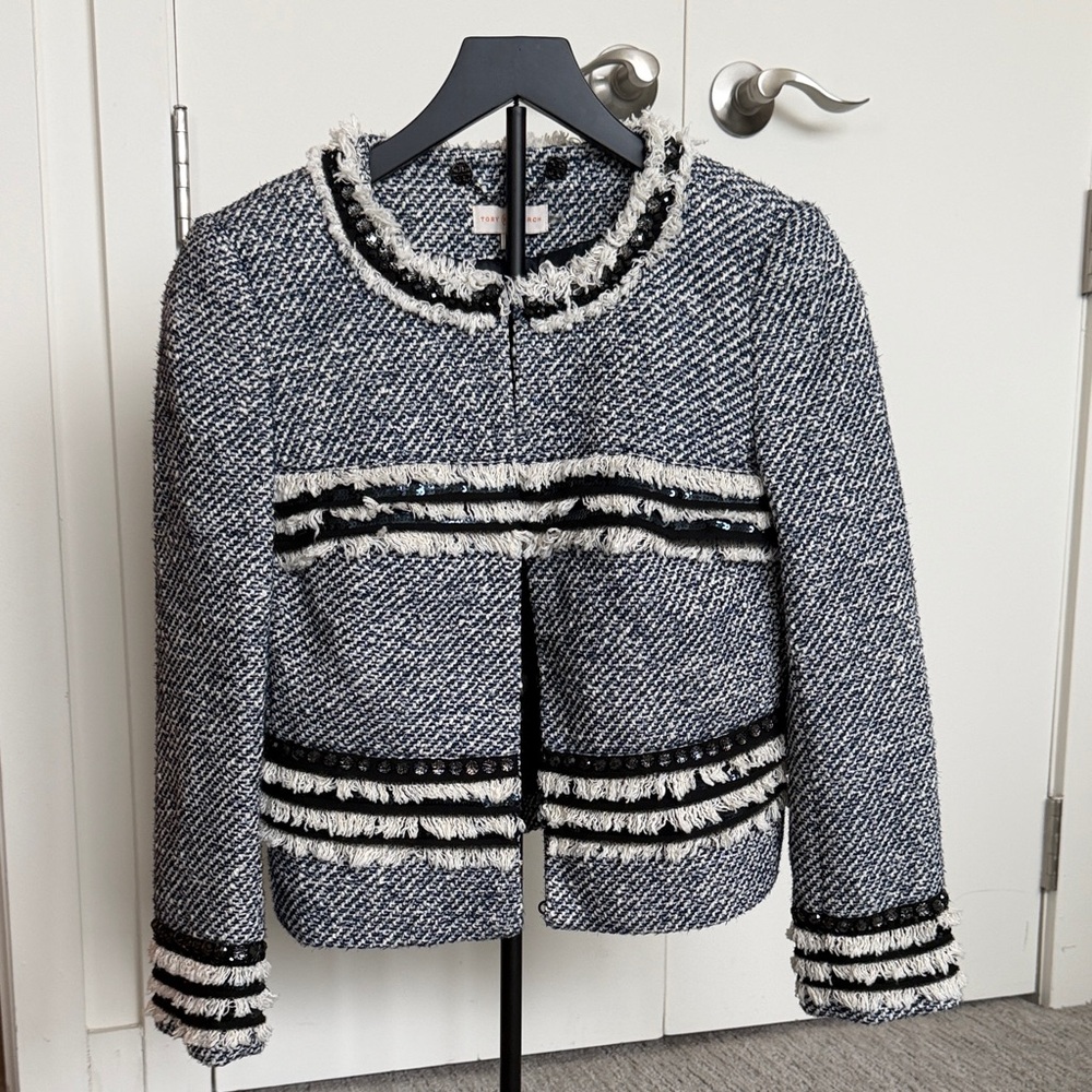 Tory Burch Navy and White Tweed Blazer